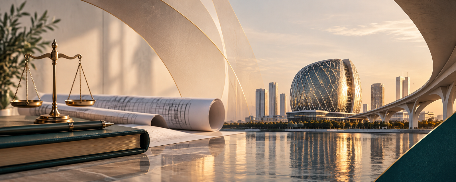 Scales of justice, drawings and a bound journal on a desk, looking out to the Abu Dhabi waterfront