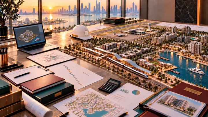 A sunlit project boardroom with a waterfront masterplan, airport and rail models, architectural drawings, a hard hat and a laptop, with the city skyline beyond.